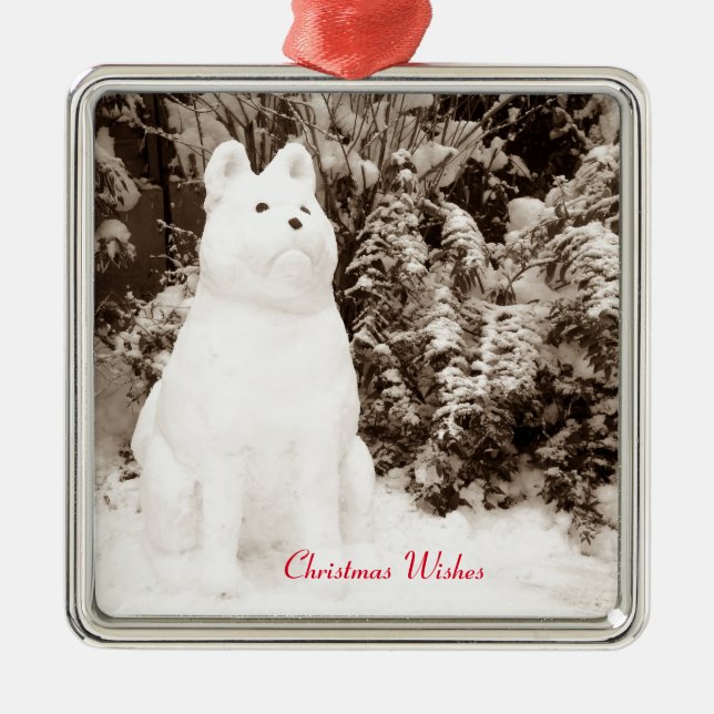 funny akita snow dog snow scene seasonal metal ornament (Front)