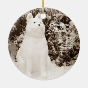 funny akita snow dog snow scene seasonal photo ceramic ornament