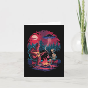 Funny Alien And Bigfoot Campfire Moon Ufo Adventur Card