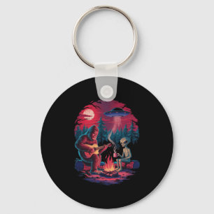 Funny Alien And Bigfoot Campfire Moon Ufo Adventur Keychain