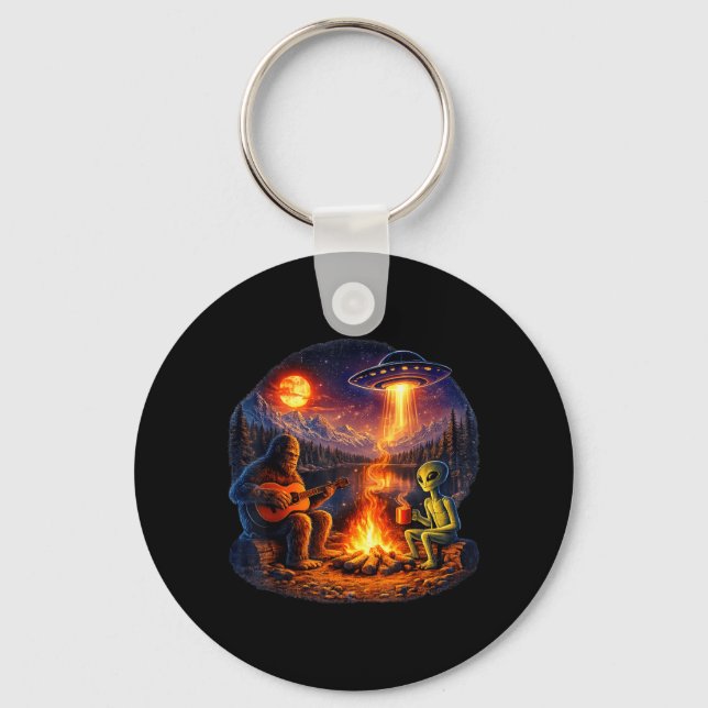 Funny Alien and Bigfoot Campfire Moon UFO Keychain (Front)