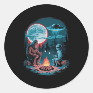 Funny Alien And Bigfoot Hiking Moon Sasquatch Ufo Classic Round Sticker