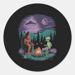Funny Alien And Bigfoot Hiking Moon Sasquatch Ufo  Classic Round Sticker