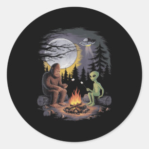Funny Alien And Bigfoot Hiking Moon Sasquatch Ufo Classic Round Sticker