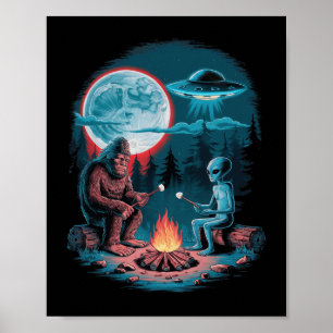 Funny Alien And Bigfoot Hiking Moon Sasquatch Ufo Poster