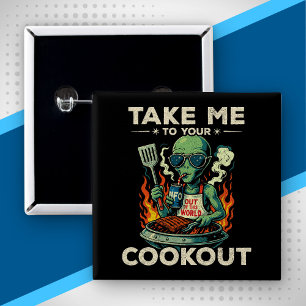 Funny Alien BBQ Cookout Retro UFO Space Grilling 2 Inch Square Button