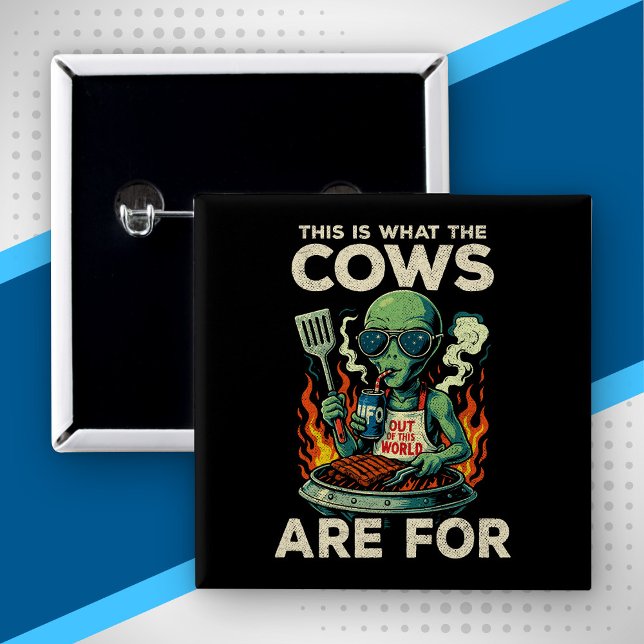 Funny Alien BBQ Grill Cow Abduction Joke Retro UFO 2 Inch Square Button (Creator Uploaded)
