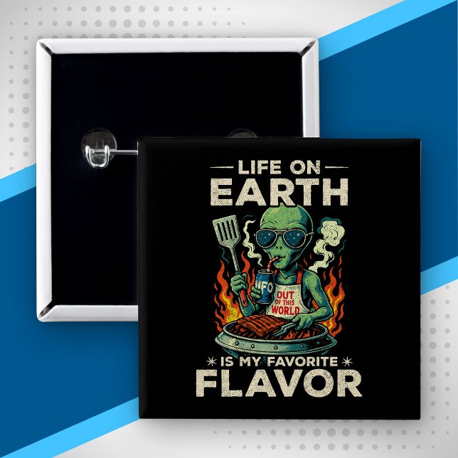 Funny Alien BBQ Illustration Retro Sci Fi Grilling 2 Inch Square Button (Creator Uploaded)