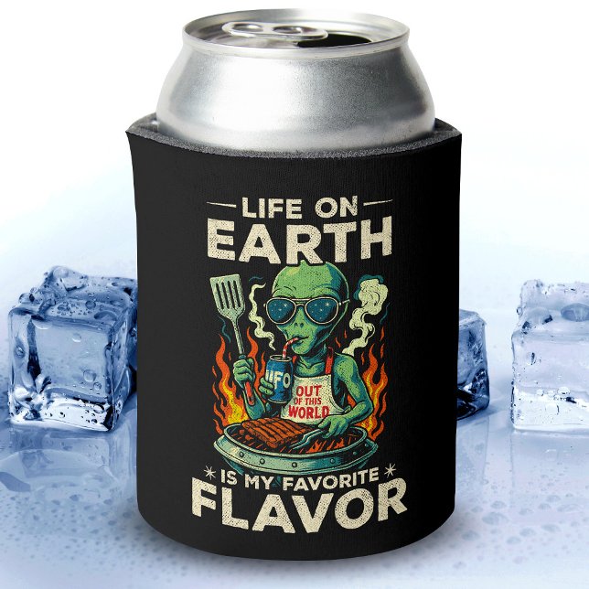 Funny Alien BBQ Illustration Retro Sci Fi Grilling Can Cooler (Creator Uploaded)