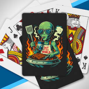 Funny Alien BBQ Illustration Retro Sci Fi Grilling Playing Cards