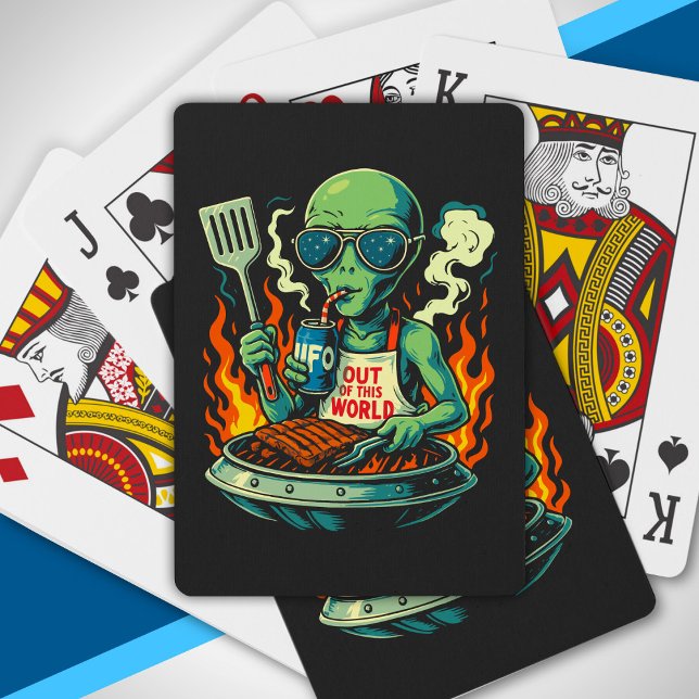 Funny Alien BBQ Illustration Retro Sci Fi Grilling Playing Cards (Creator Uploaded)
