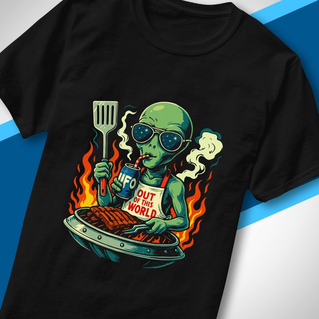 Funny Alien BBQ Illustration Retro Sci Fi Grilling T-Shirt (Creator Uploaded)