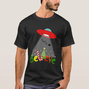 Funny Alien Believe UFO Christmas Tree Snowflakes  T-Shirt