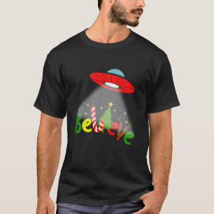 Funny Alien Believe UFO Christmas Tree Snowflakes  T-Shirt