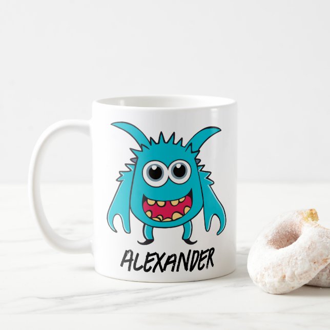 Funny Alien Blue Green Monster Cartoon Coffee Mug (With Donut)