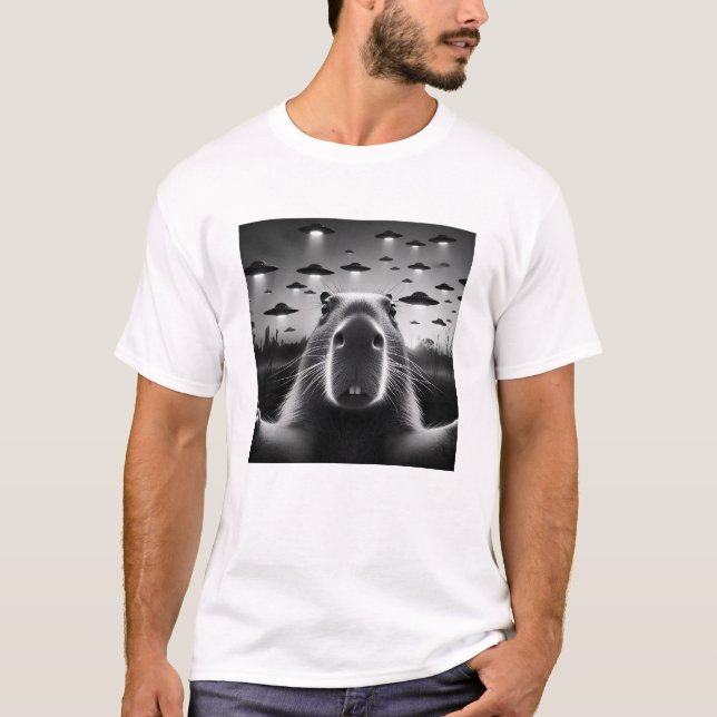 Funny Alien Capybara UFO Capybara Selfie with UFOs T-Shirt (Front)