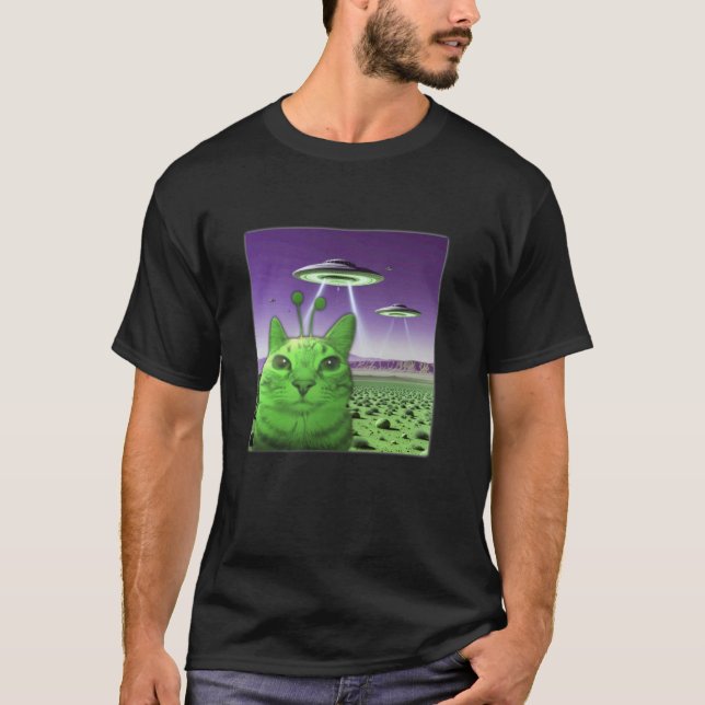 Funny Alien Cat Meme Graphic T-Shirt (Front)