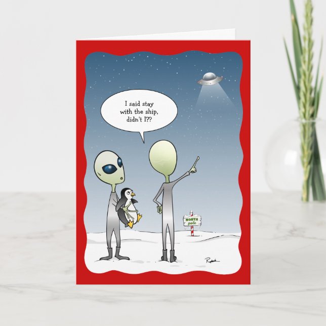 Funny Alien Christmas UFO Santa Rudolph Holiday Card (Front)