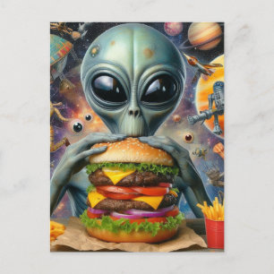 Funny Alien Eating Cheeseburger Postcard