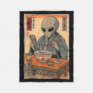 Funny alien eating ramen retro japanese men women fleece blanket