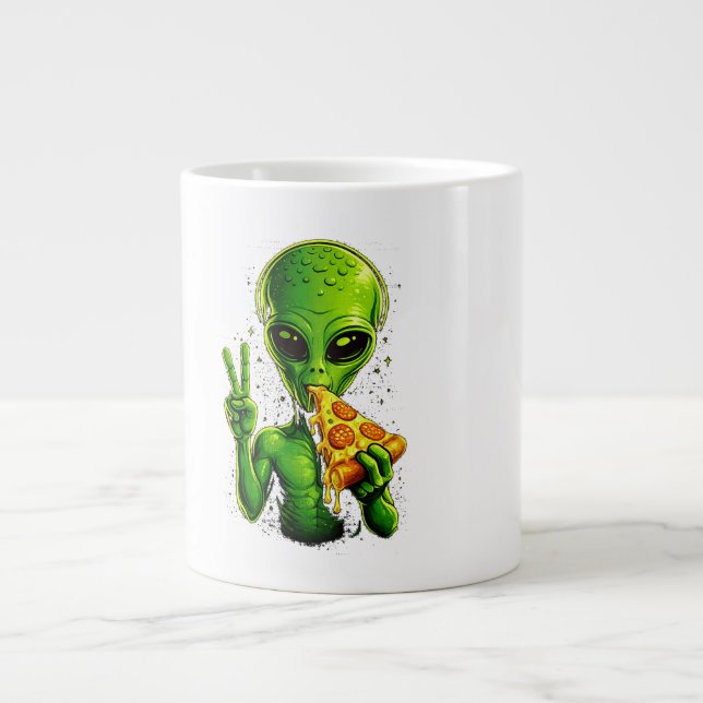 Funny Alien Head Eating Pizza UFO  Large Coffee Mug (Front)