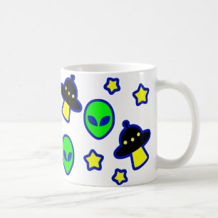 Funny Alien Head UFO Stars Pattern Cartoon Comic Coffee Mug