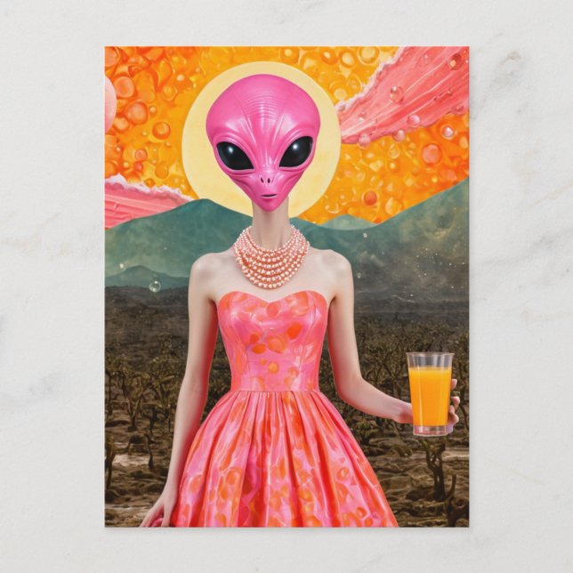 Funny Alien Lady in Pink With Orange Juice Postcard (Front)