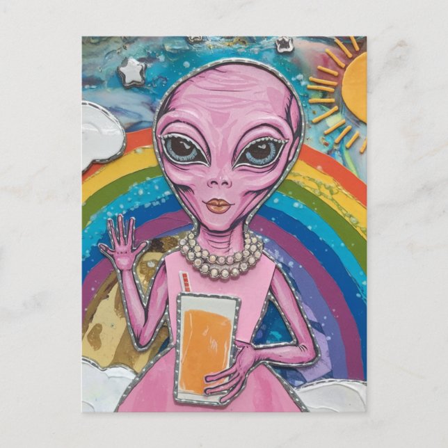 Funny Alien Lady in Pink With Orange Juice Rainbow Postcard (Front)