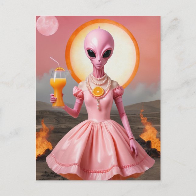 Funny Alien Lady With Orange Juice Burning Desert Postcard (Front)