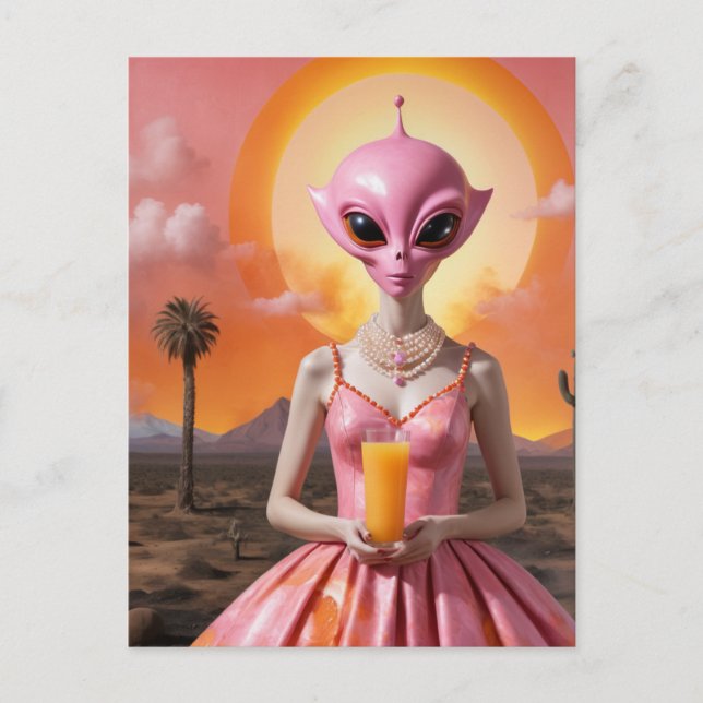 Funny Alien Lady With Orange Juice in Desert Postcard (Front)