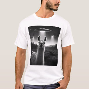 Funny Alien Llama UFO Racoon Selfie with UFOs T-Shirt