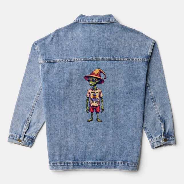 Funny Alien Meme “Who’s the Alien Now?” White Denim Jacket (Back)