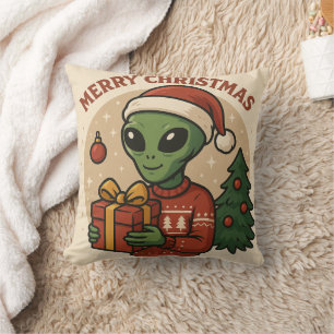 Funny Alien Merry Christmas Throw Pillow