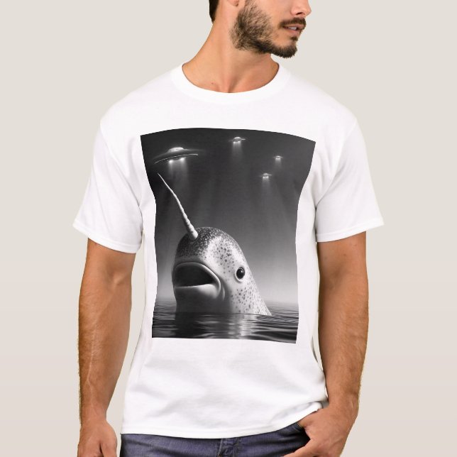 Funny Alien Narwhal UFO Racoon Selfie with UFOs T-Shirt (Front)