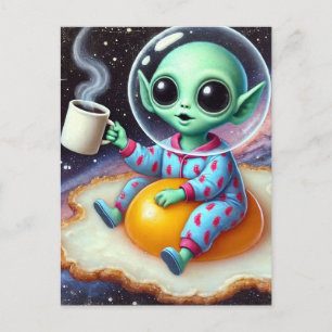 Funny Alien on a Fried Egg in Space Postcard