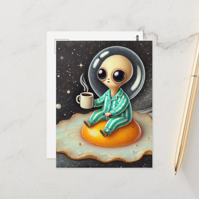 Funny Alien on a Fried Egg Ship in Space Postcard (Front/Back In Situ)