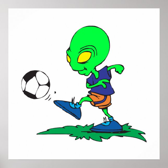 funny alien soccer player kicking ball poster (Front)