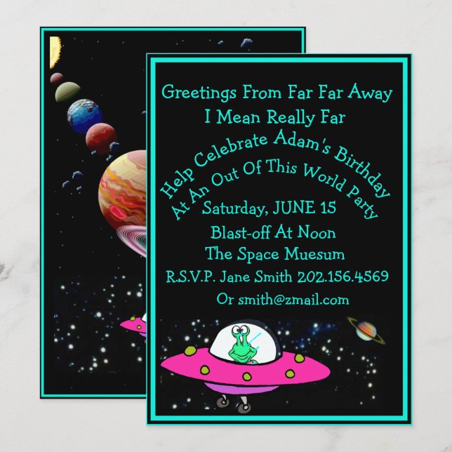 Funny Alien & Space Ship Birthday Invitation (Front/Back)