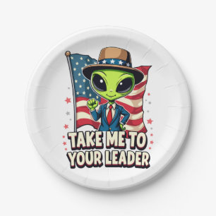 Funny Alien Take Me to Your Leader USA Patriotic Paper Plate