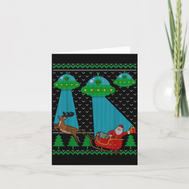 Funny Alien Ufo Santa Sleigh Ugly Christmas Sweate Card (Front)
