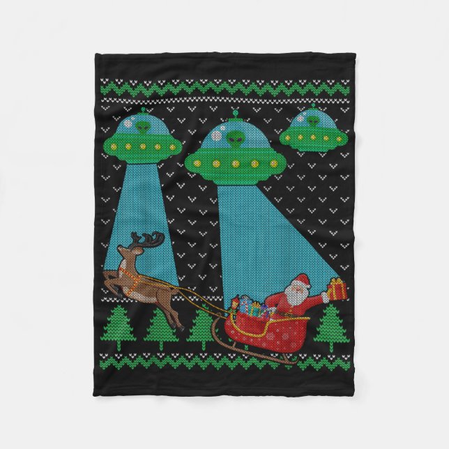Funny Alien Ufo Santa Sleigh Ugly Christmas Sweate Fleece Blanket (Front)