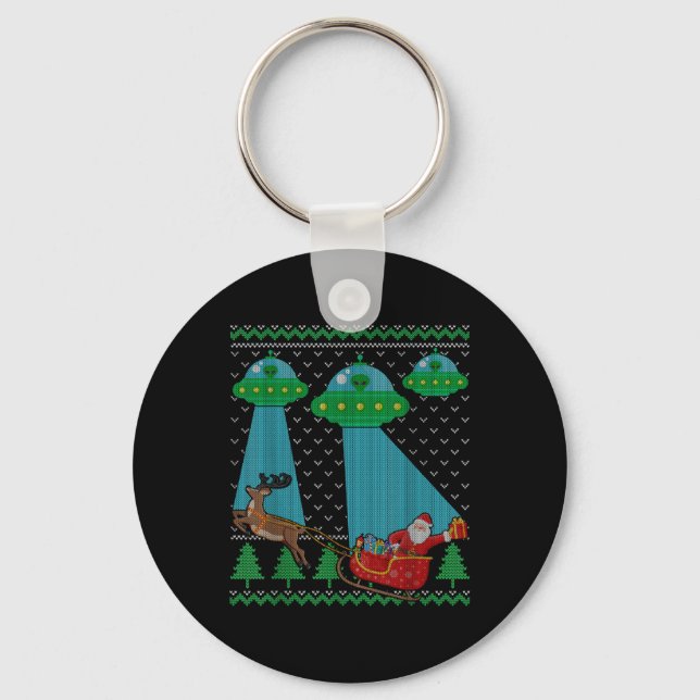 Funny Alien Ufo Santa Sleigh Ugly Christmas Sweate Keychain (Front)
