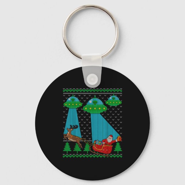 Funny Alien Ufo Santa Sleigh Ugly Christmas Sweate Keychain (Front)