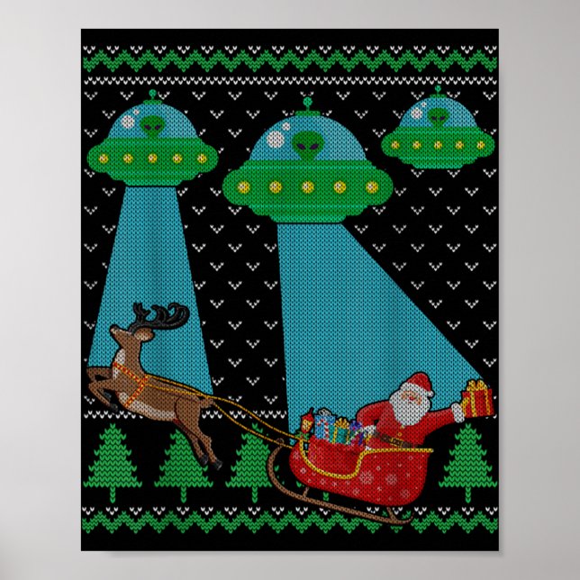 Funny Alien Ufo Santa Sleigh Ugly Christmas Sweate Poster (Front)