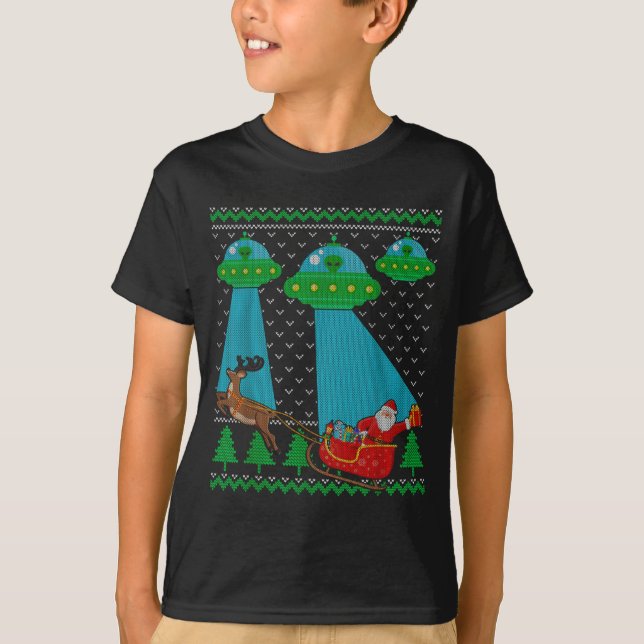 Funny Alien Ufo Santa Sleigh Ugly Christmas Sweate T-Shirt (Front)