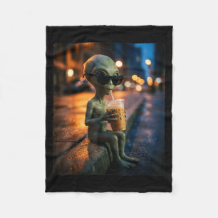 Funny alien wearing sunglasses drinking iced coffe fleece blanket