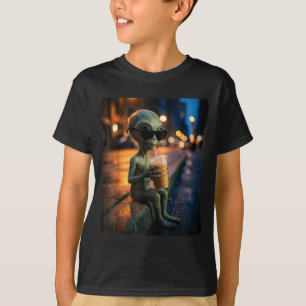 Funny alien wearing sunglasses drinking iced coffe T-Shirt