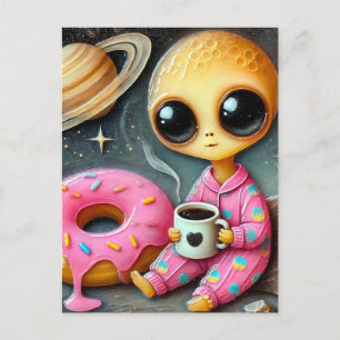 Funny Alien With Coffee and Doughnut in Space Postcard