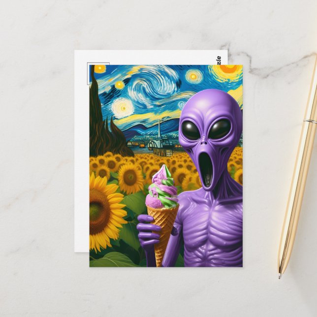 Funny Alien With Ice Cream Faux Van Gogh Postcard (Front/Back In Situ)