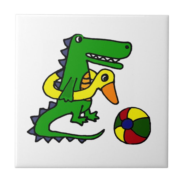 Funny Alligator at the beach Cartoon Tile (Front)